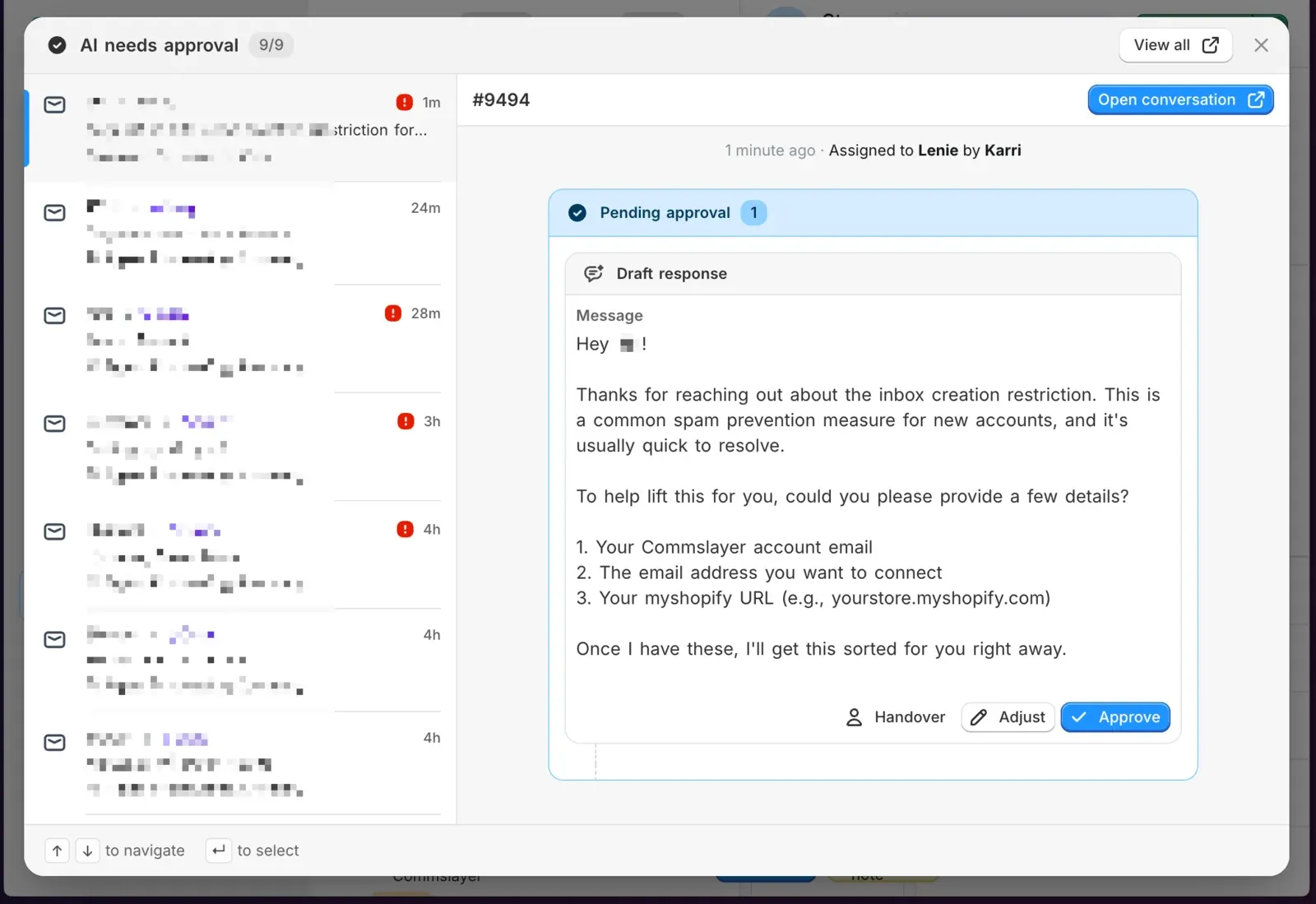 The approval modal, with the queue of waiting conversations on the left and the selected draft response on the right