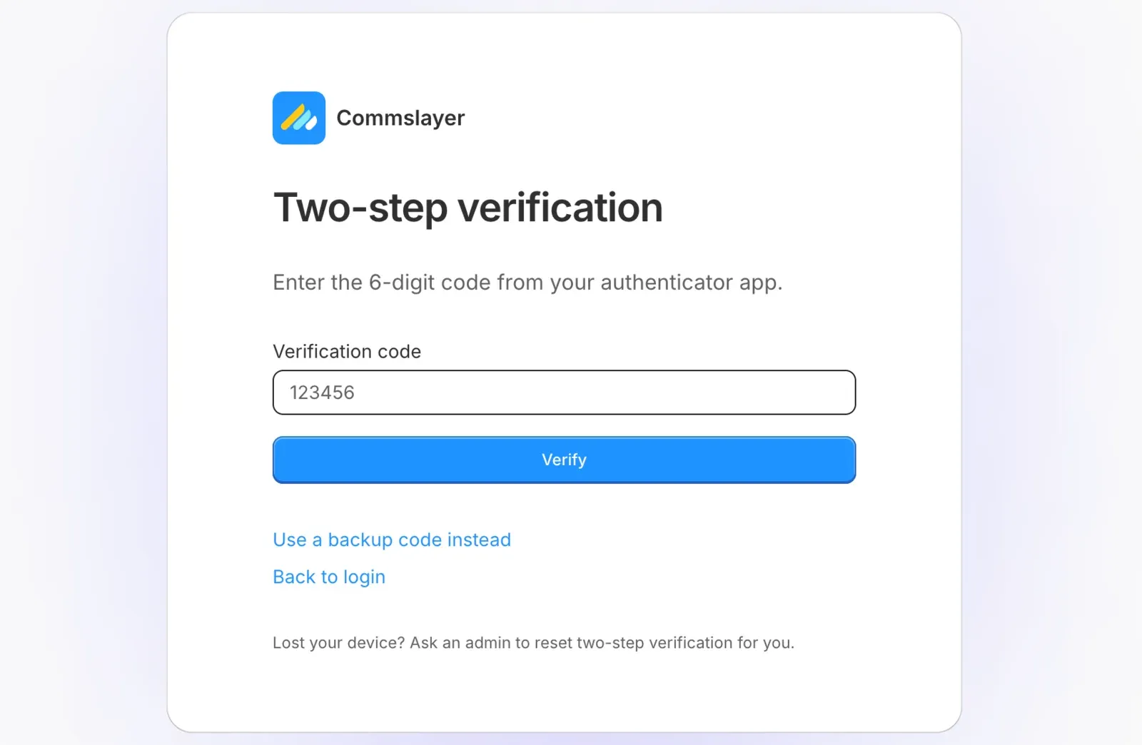 The two-step verification screen, asking for the six-digit code from an authenticator app