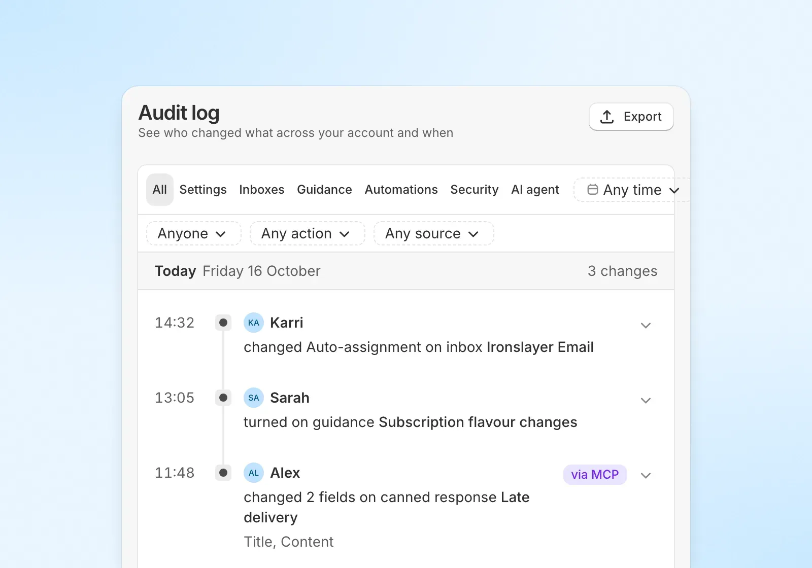 The Audit log page with filters by category, person, action, source and time, listing three changes made today by Karri, Sarah and Alex, one of them via MCP