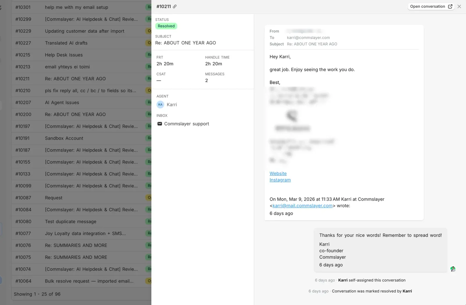 A ticket opened from the conversations report, with its status, first response time, handle time, CSAT, and message count beside the thread