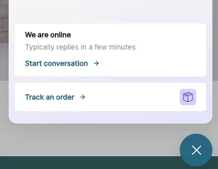 The chat widget reading “We are online — typically replies in a few minutes”, with Start conversation and Track an order below it