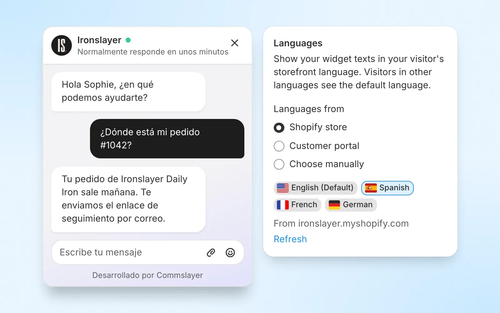 The Ironslayer chat widget in Spanish next to the Languages settings card, with languages synced from the Shopify store and English, Spanish, French and German enabled