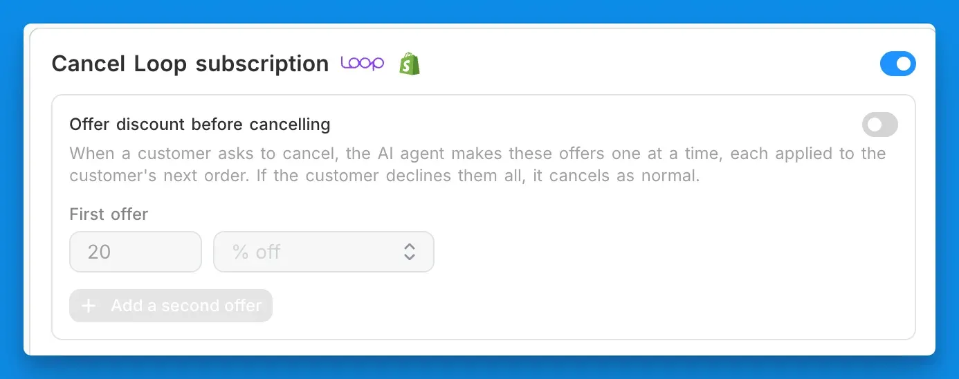 The Cancel Loop subscription action, with save offers the agent makes one at a time before cancelling