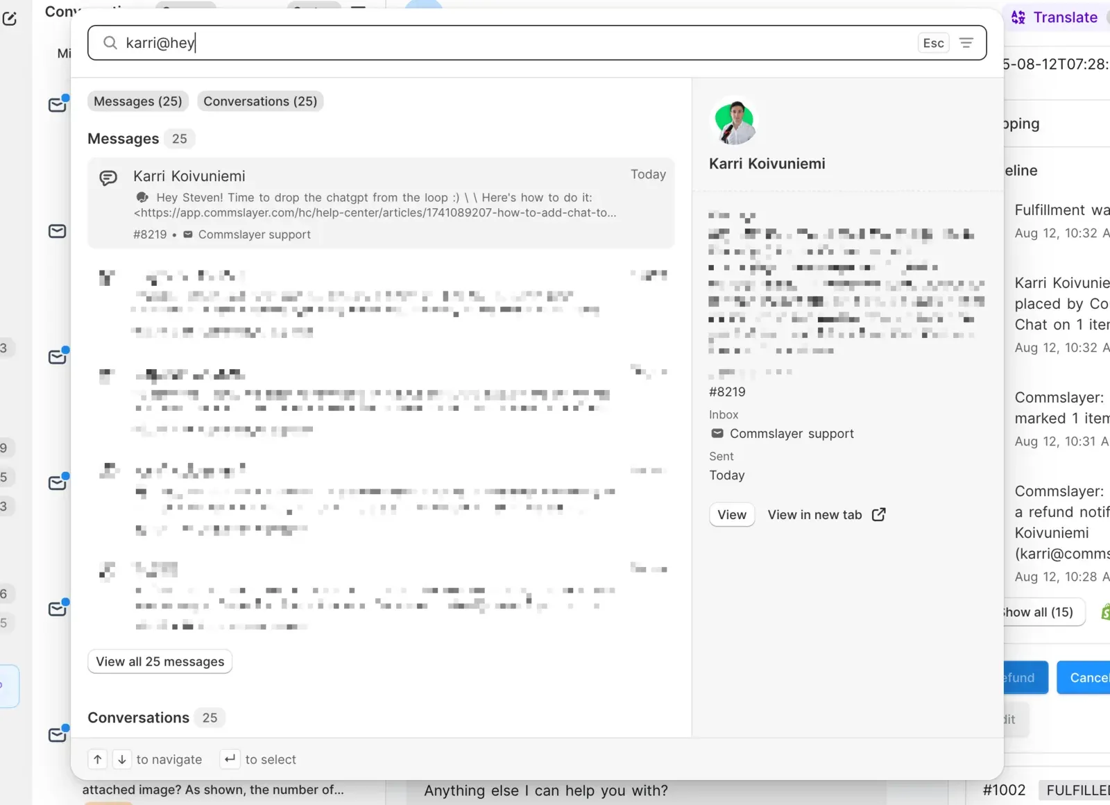 The redesigned search, with two-row message previews on the left and the selected conversation’s details on the right