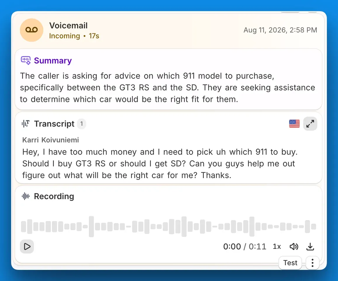 A voicemail with its summary, transcript, and recording