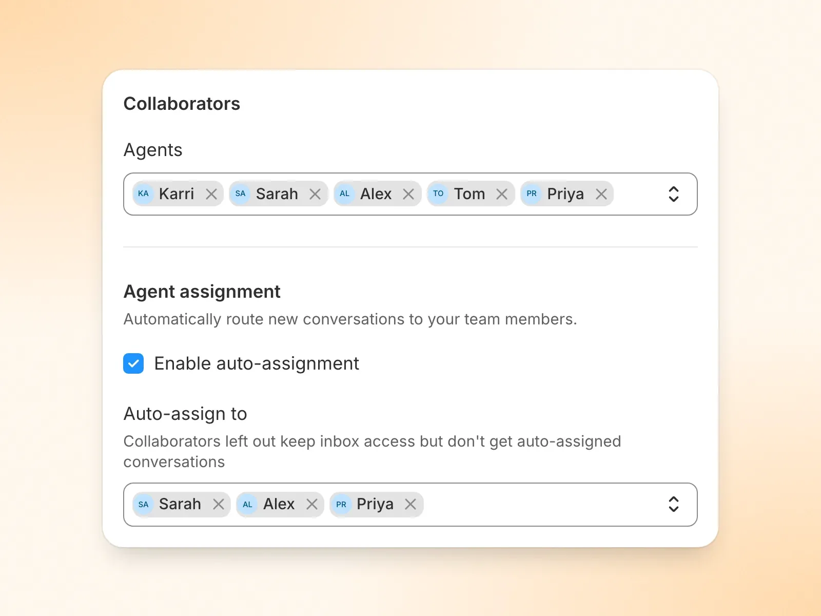 Inbox collaborator settings with five agents on the inbox and only three of them picked under Auto-assign to