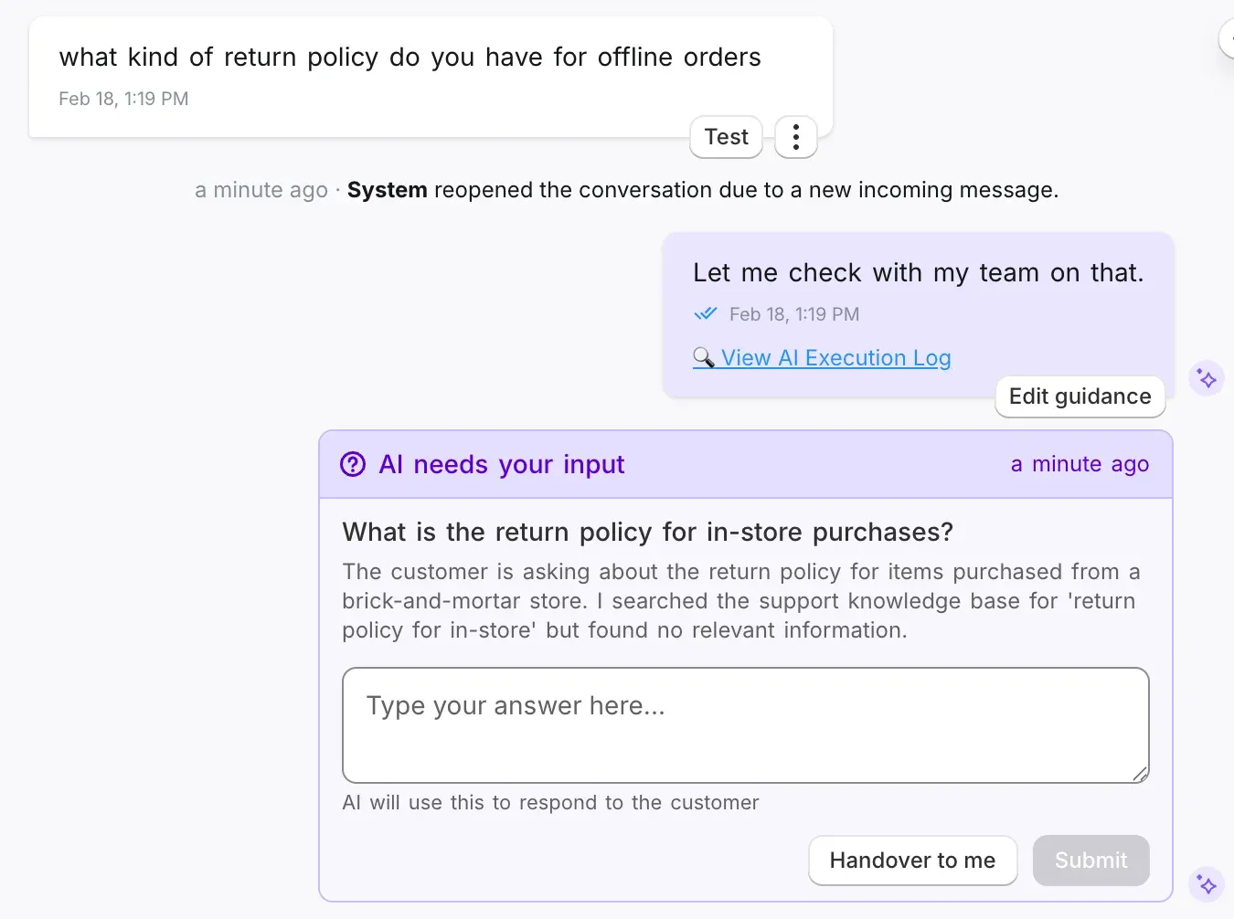 An “AI needs your input” card asking the team what the return policy is for in-store purchases, with a text field and a Handover to me button