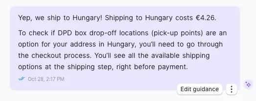 An AI reply answering a shipping question about Hungary in a plain, conversational tone