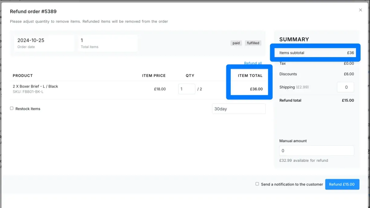 The refund modal with the item total and items subtotal highlighted
