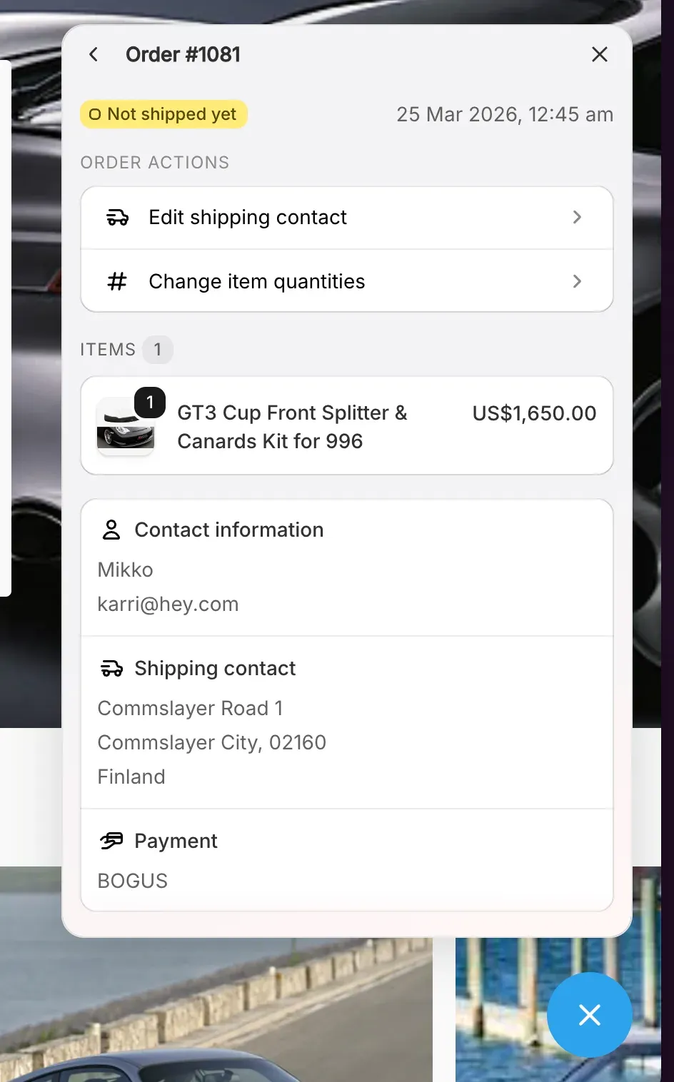 An unshipped order opened in the chat widget, with Edit shipping contact and Change item quantities listed as order actions
