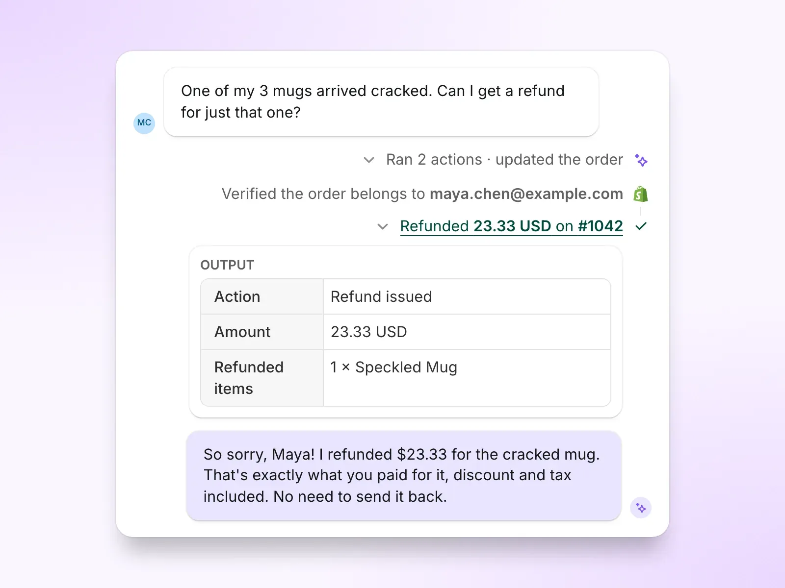 The AI agent verifies order ownership and refunds 23.33 USD for one cracked mug out of three, then tells the customer the exact amount, discount and tax included