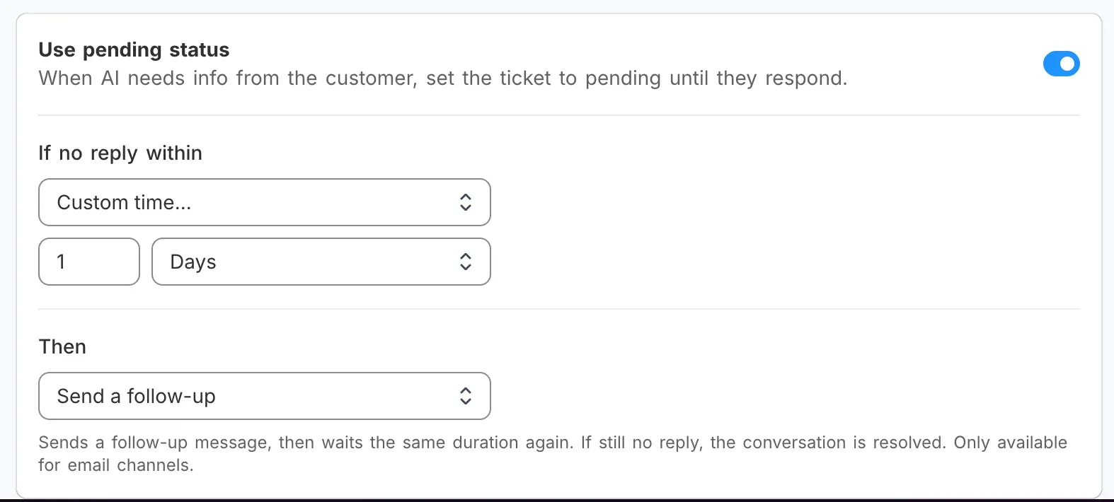 The pending status settings: how long to wait for a reply, and what to do when the time runs out