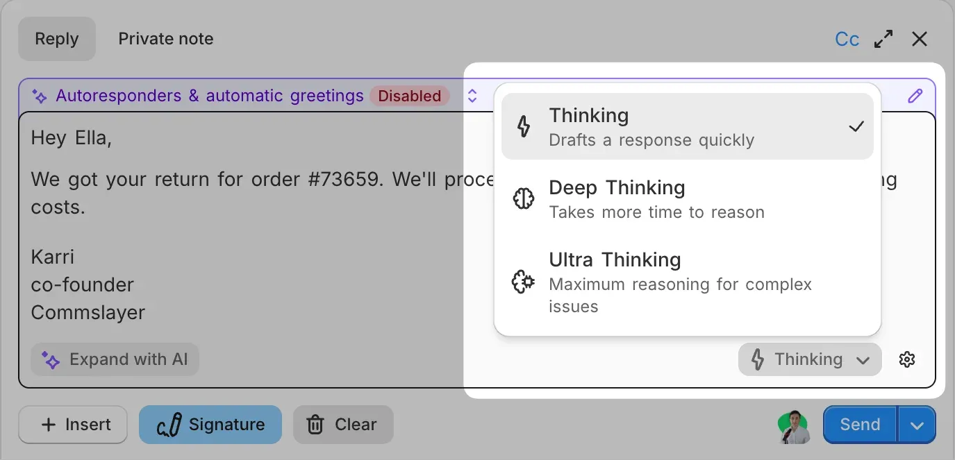 The thinking level dropdown on a draft, offering Thinking, Deep Thinking, and Ultra Thinking