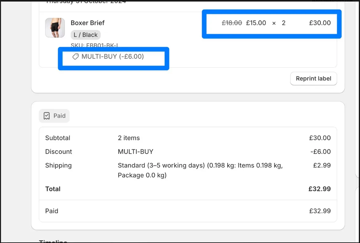 The same order in Shopify, with the discounted line price and the multi-buy discount highlighted