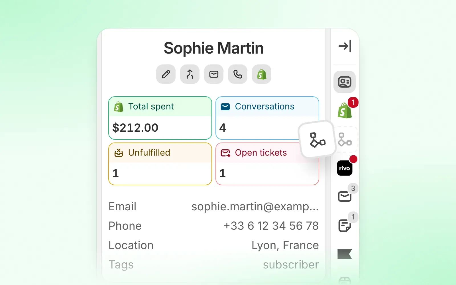 The conversation sidebar with its integration icons on the right, one of them being dragged into a new position