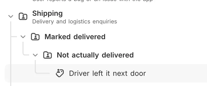 A contact reason nested four levels deep: Shipping → Marked delivered → Not actually delivered → Driver left it next door