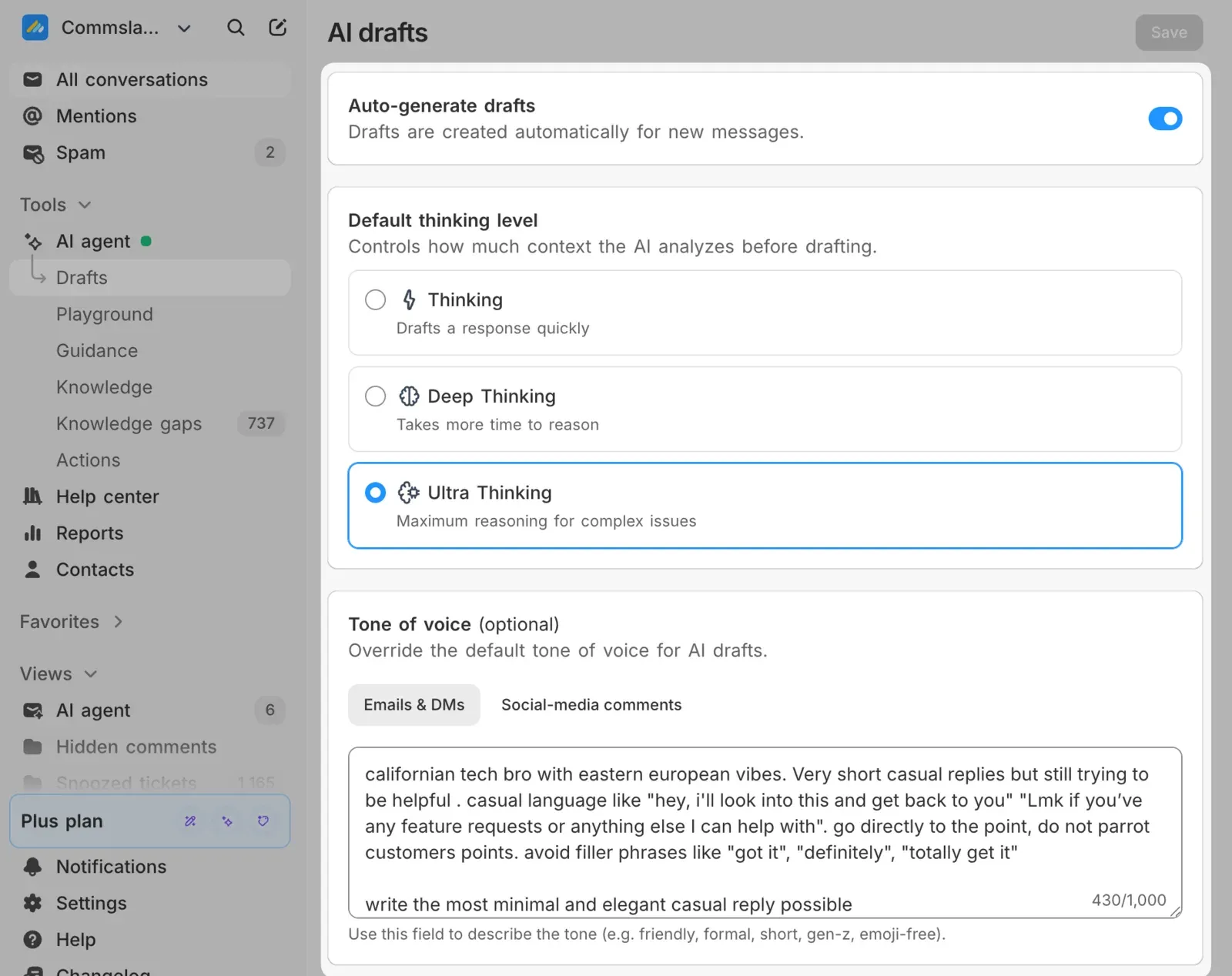 The AI drafts settings: auto-generation, the default thinking level, and a tone of voice field separate from the agent’s