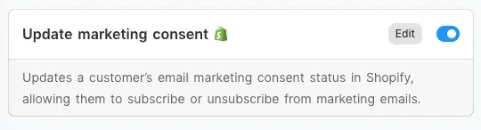 The Update marketing consent action in the AI agent’s action list, switched on