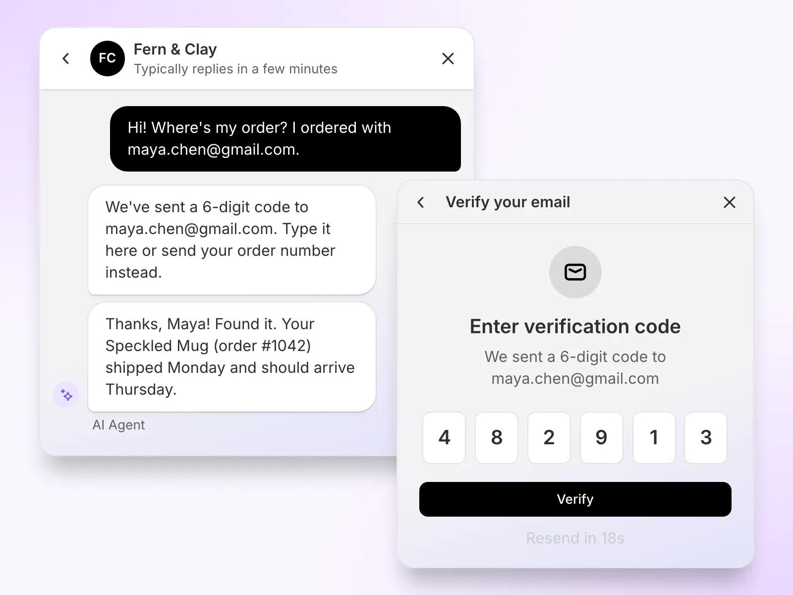 A live chat where a customer asks about their order without an order number, the AI agent emails them a 6-digit code, a Verify your email panel takes the code, and the AI replies that their order shipped Monday and arrives Thursday