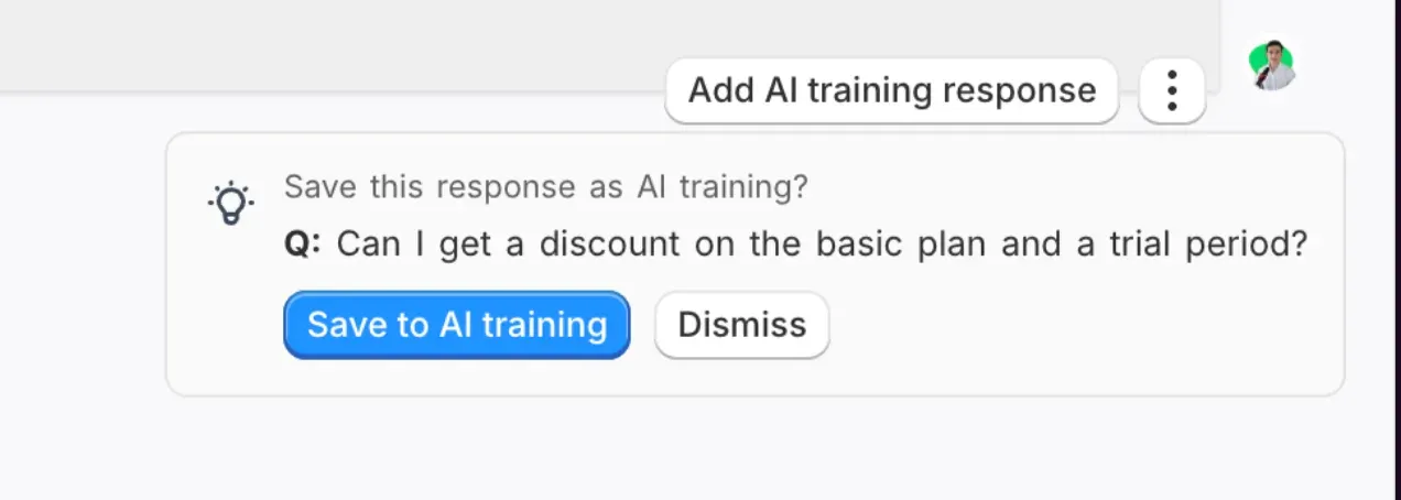 A prompt offering to save an agent’s reply as AI training, with the customer’s question quoted