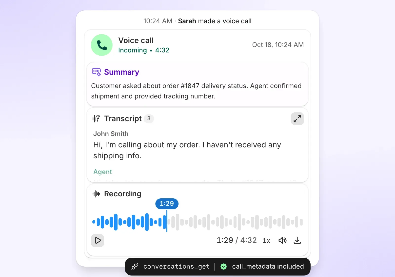 A voice call bubble in a conversation thread showing the call summary, transcript and recording, with an MCP source chip indicating the data is available through the conversations_get tool
