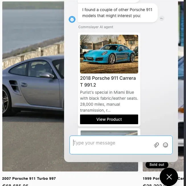 The chat widget showing product recommendation cards the AI pulled from Shopify