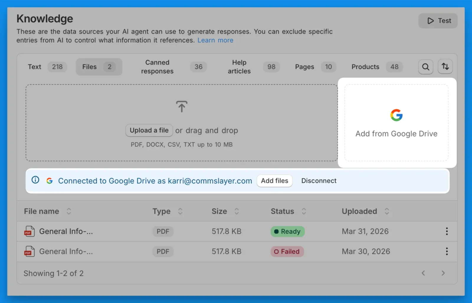 The Knowledge Files tab connected to Google Drive, with an “Add from Google Drive” button beside the usual upload area