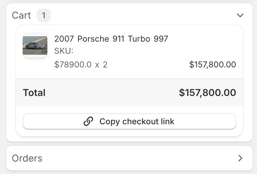 The Cart card in the conversation sidebar, showing the item in the customer’s cart, the total, and a Copy checkout link button