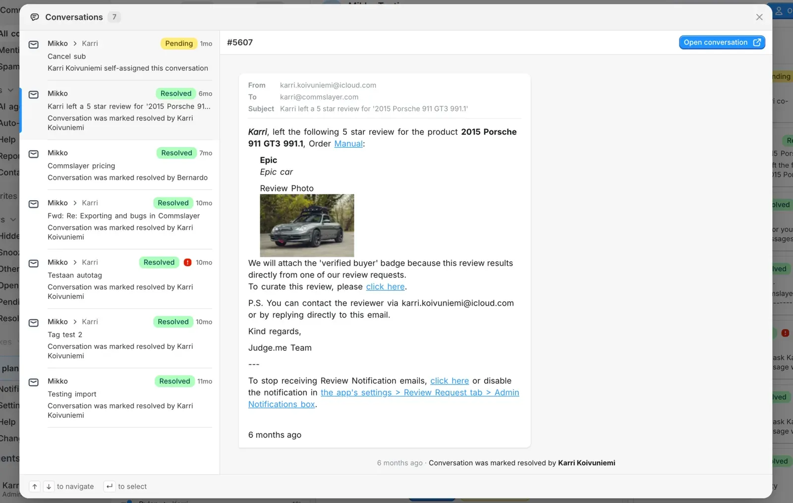 The conversation history modal, listing the customer’s past conversations beside the full thread of the selected one