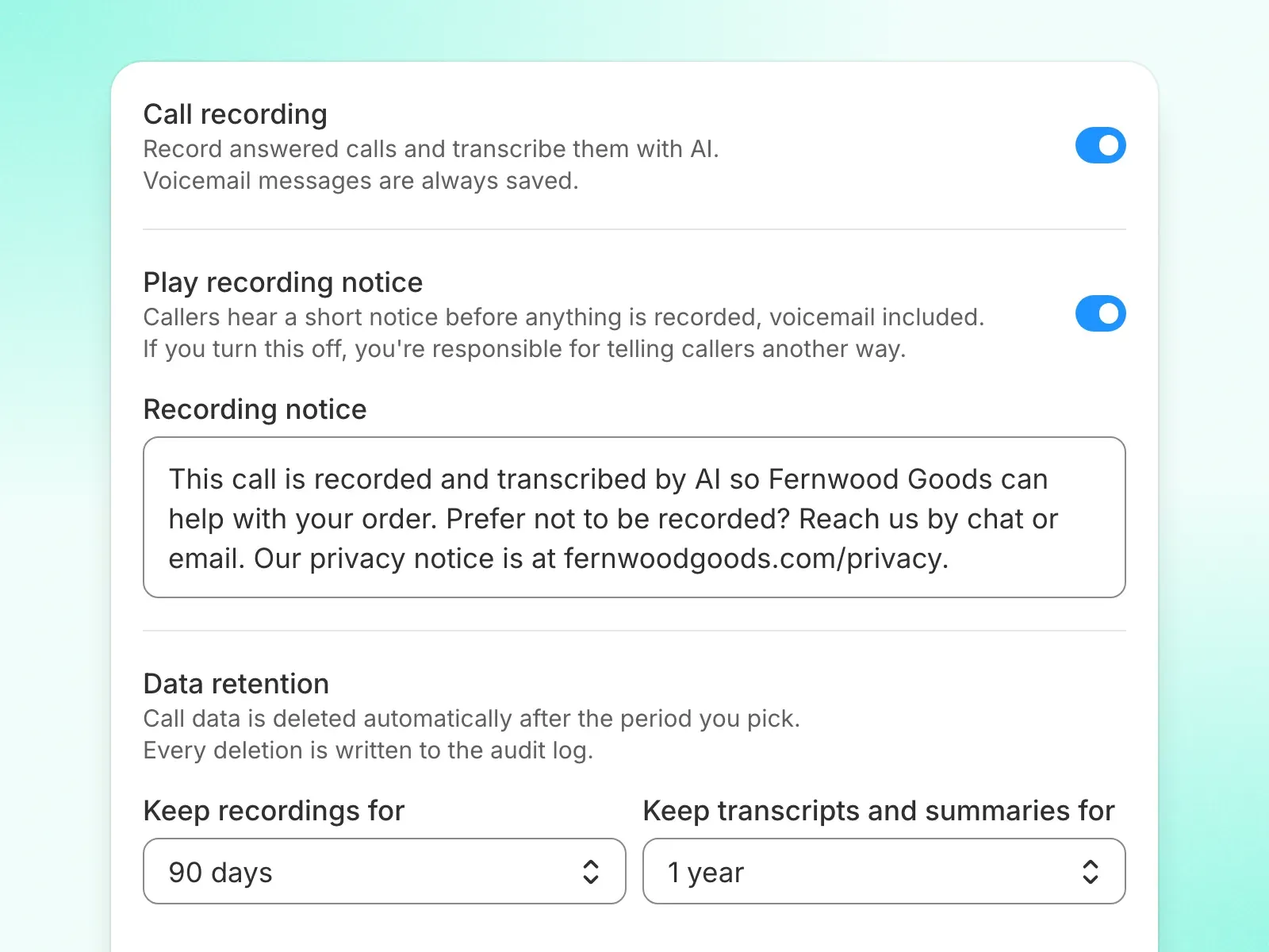 Phone inbox settings with Call recording and Play recording notice switched on, a custom recording notice, and separate retention periods for recordings and for transcripts and summaries