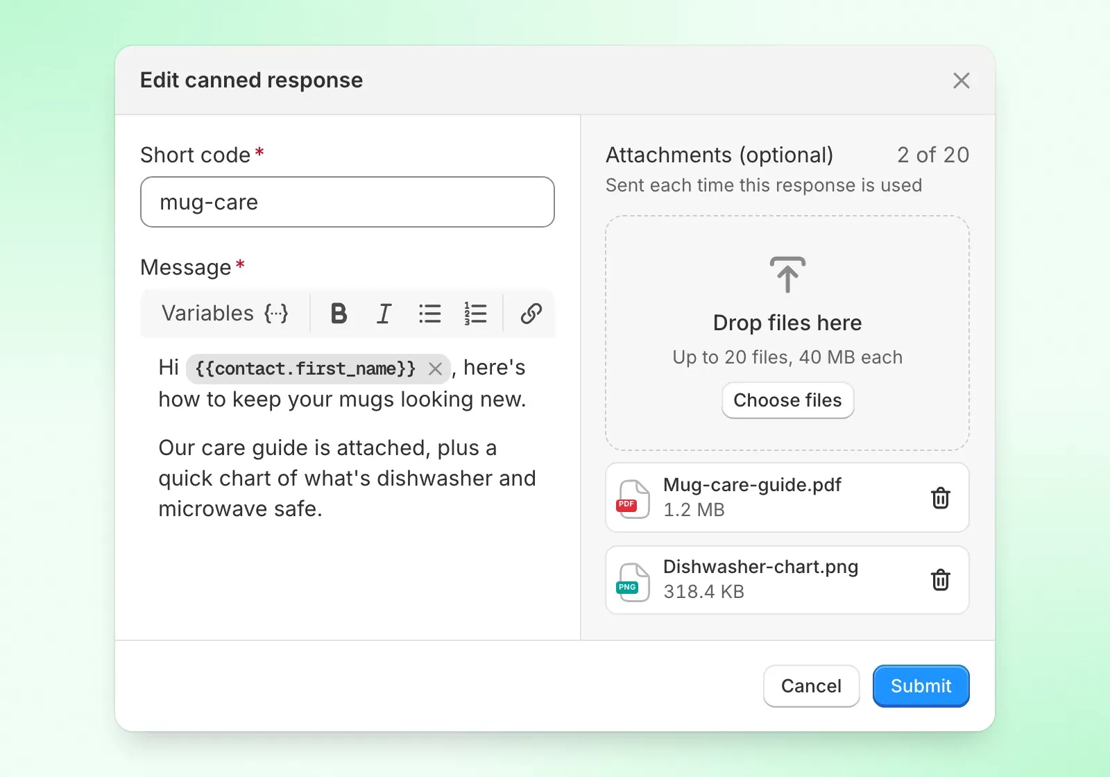 The Edit canned response window with a short code and message on the left, and on the right an Attachments drop zone for up to 20 files at 40 MB each, holding a PDF care guide and a PNG chart