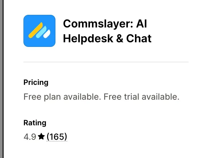 The Commslayer listing on the Shopify App Store, showing its rating at the time of the post