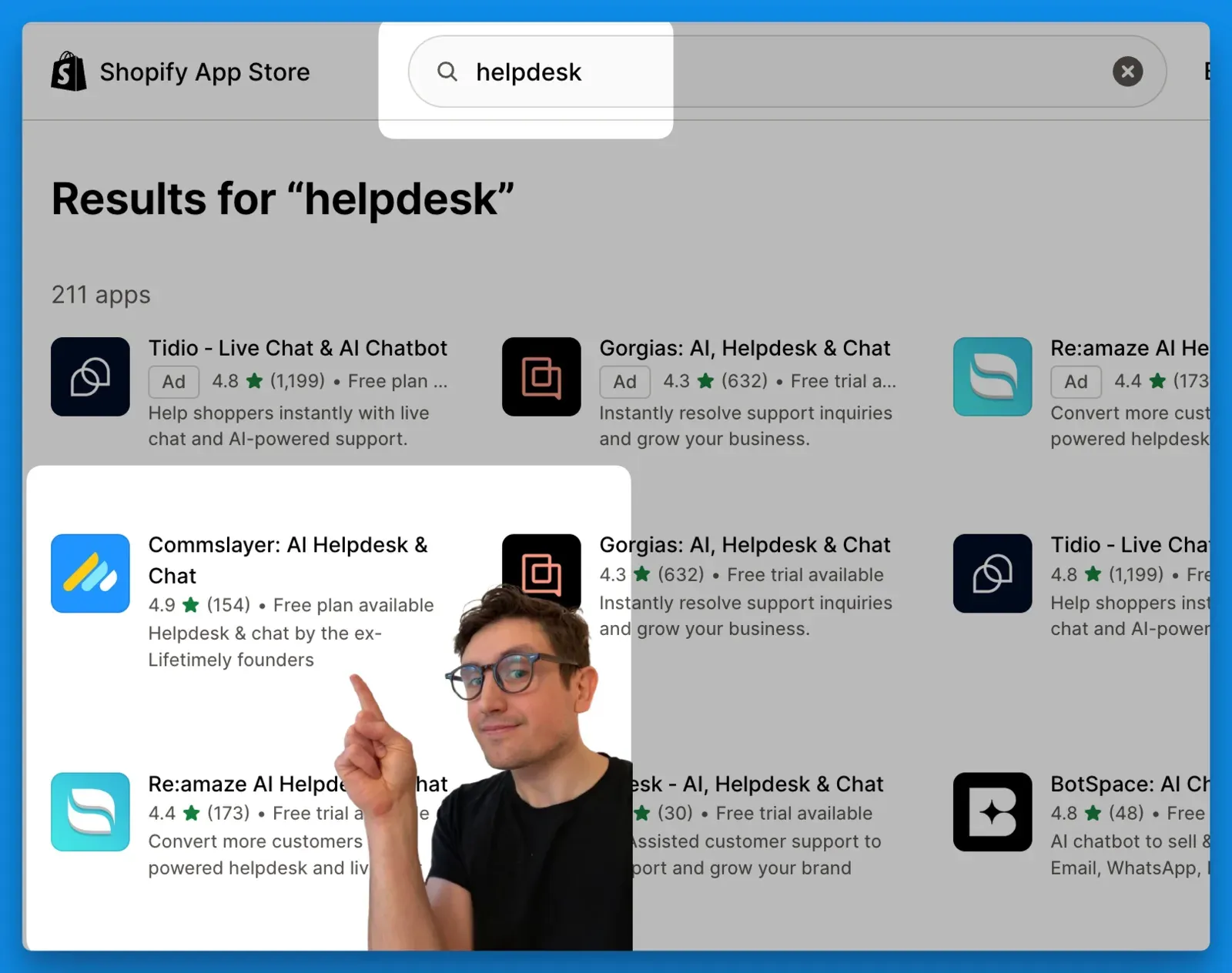 The Shopify App Store results for “helpdesk”, with Commslayer topping the organic listings and Karri pointing at it