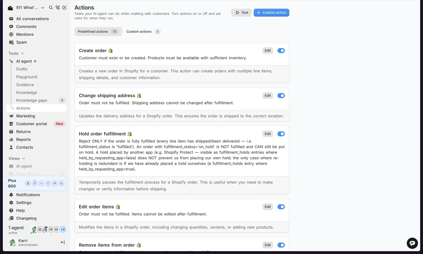 Commslayer Actions settings with the Predefined actions tab open on 15 actions, listing Create order, Change shipping address, Hold order fulfillment, Edit order items and Remove items from order, each carrying a Shopify mark, an Edit button and an on toggle