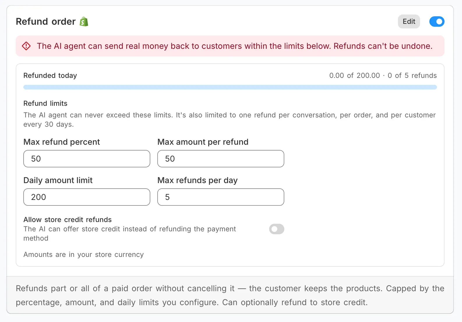 Commslayer Refund order action with a red warning that the AI agent sends real money and refunds cannot be undone, a refunded-today meter, fields for max refund percent 50, max amount per refund 50, daily amount limit 200 and max refunds per day 5, and an off toggle for store credit refunds