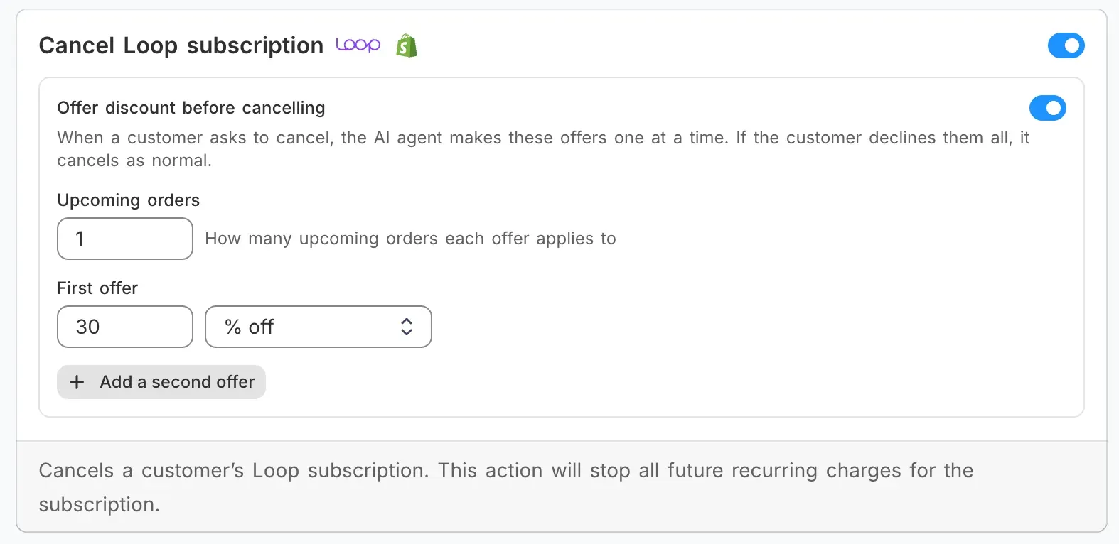 Commslayer Cancel Loop subscription action with Offer discount before cancelling switched on, an upcoming-orders field set to 1, a first offer of 30 percent off, and an Add a second offer button