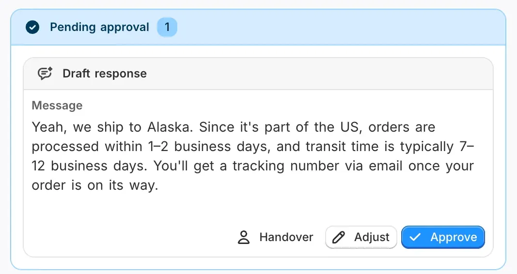 A pending-approval card on an AI-drafted reply
