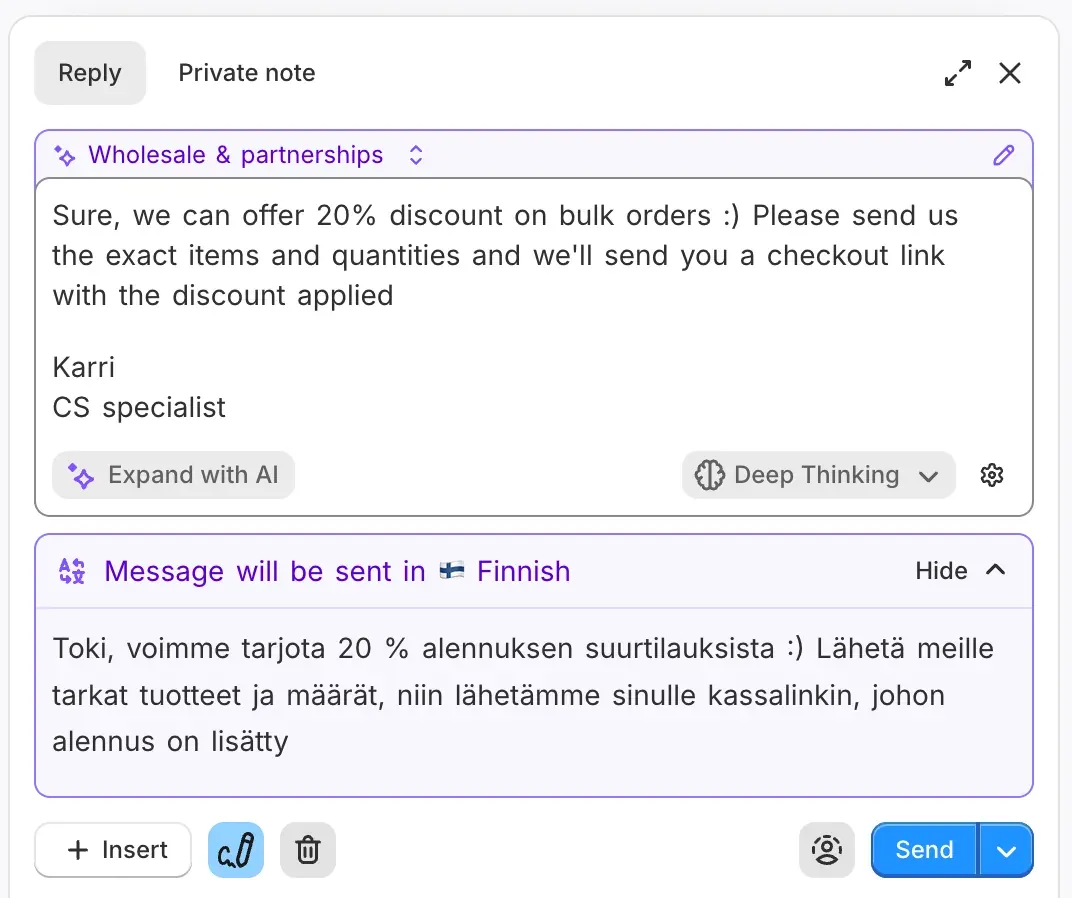 An agent reply auto-translated back into the shopper’s language