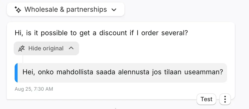 An inbound shopper message auto-translated for the agent, with the original text available