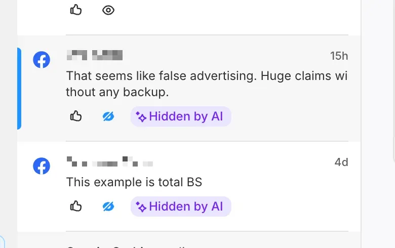 Public Facebook comments hidden by AI moderation in the Commslayer inbox