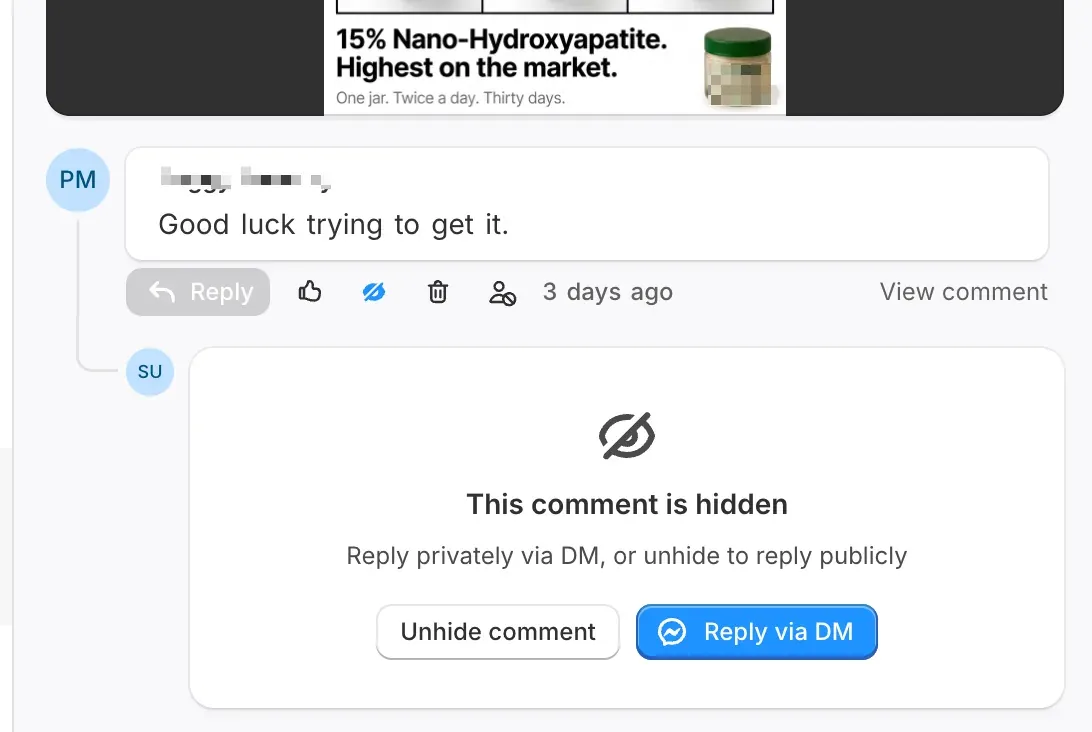 A hidden comment with the agent control to unhide it