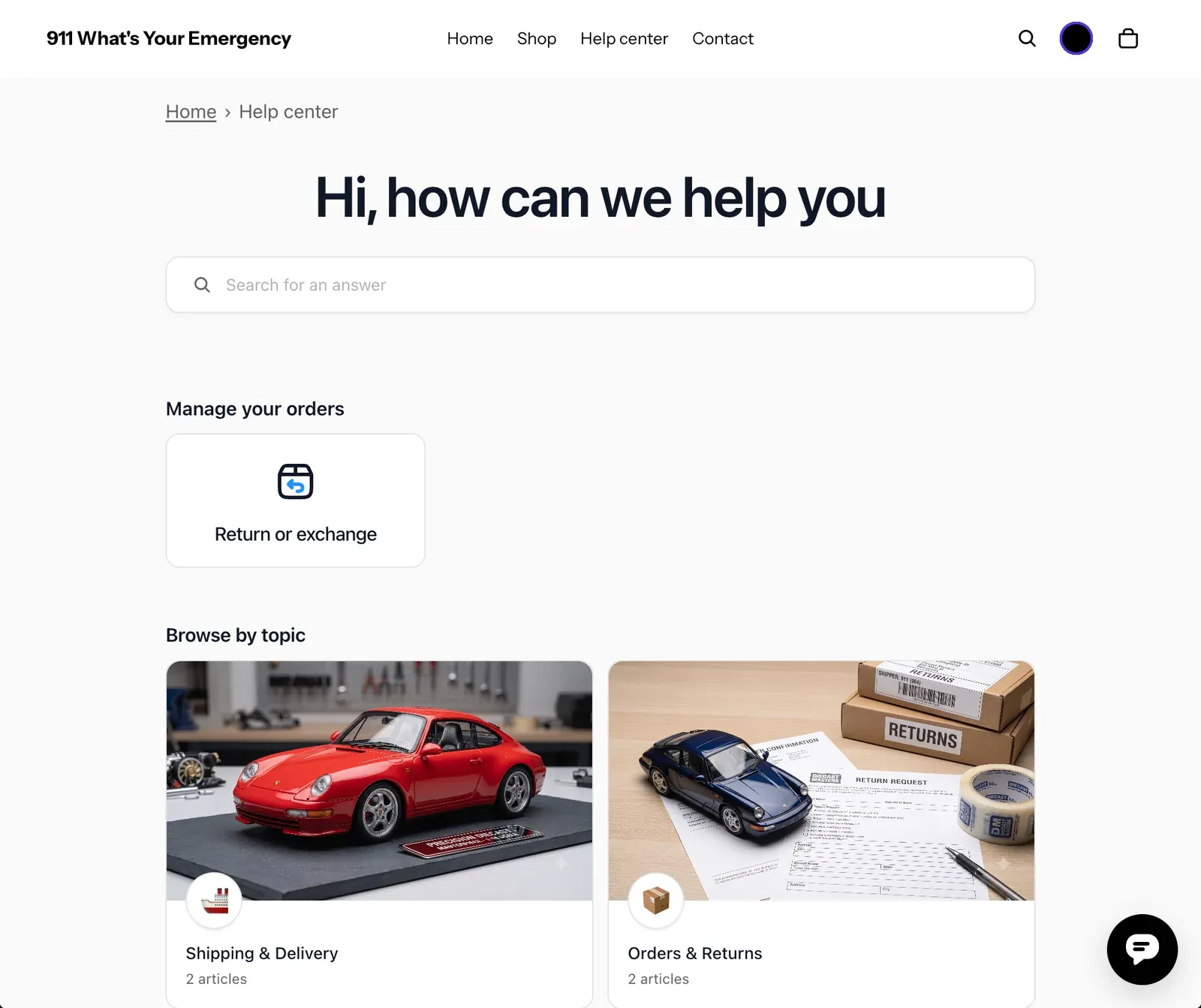 A Commslayer help-center landing page embedded on a Shopify storefront, framed by the store’s own header and navigation, with a greeting, a search bar, a Return or exchange self-service card, category cards, and a chat launcher