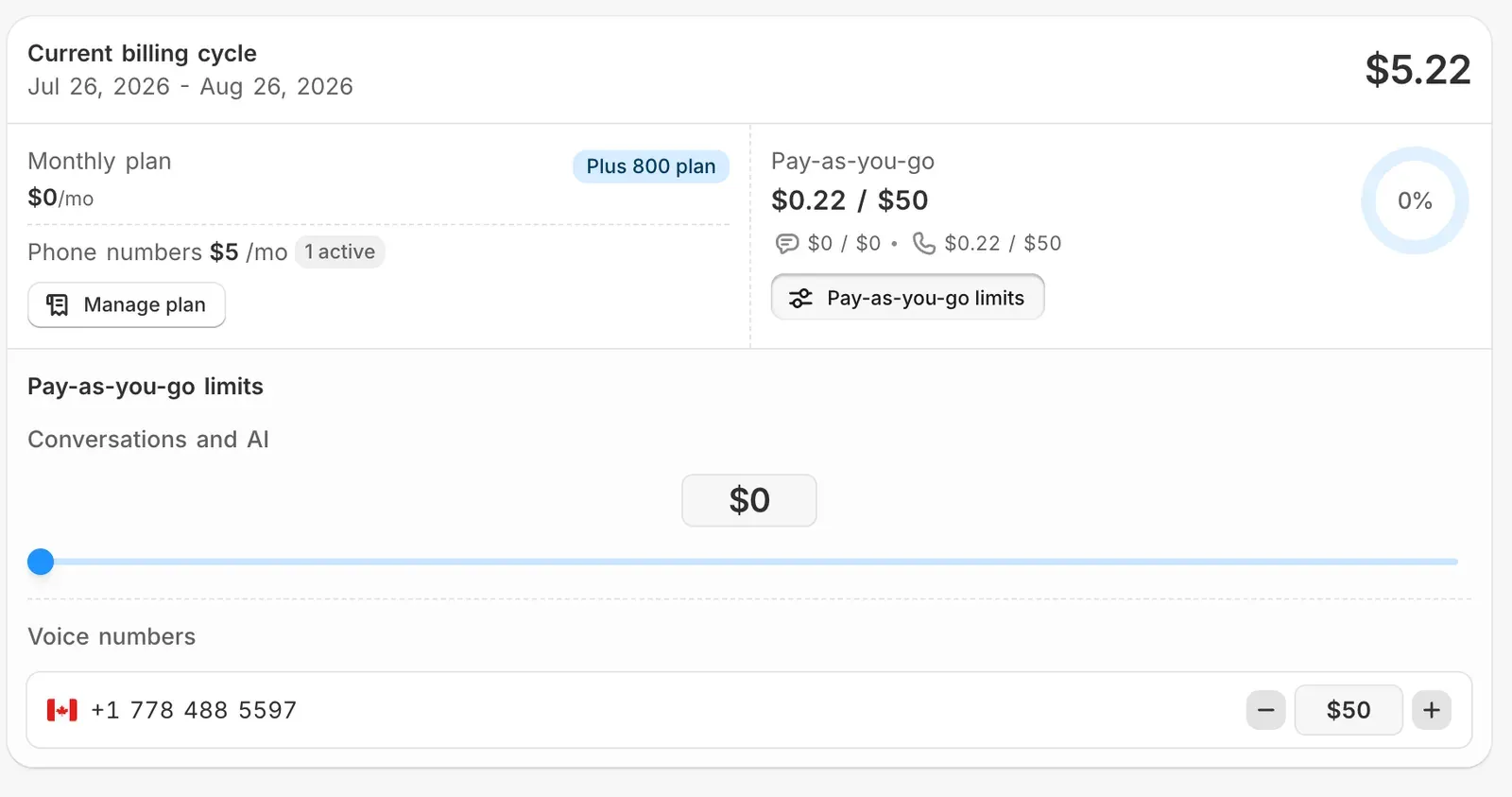 Commslayer billing panel for the current cycle, with the Plus 800 plan at $0 a month, pay-as-you-go usage at $0.22 of a $50 ceiling, and the Conversations and AI overage slider pulled all the way down to $0