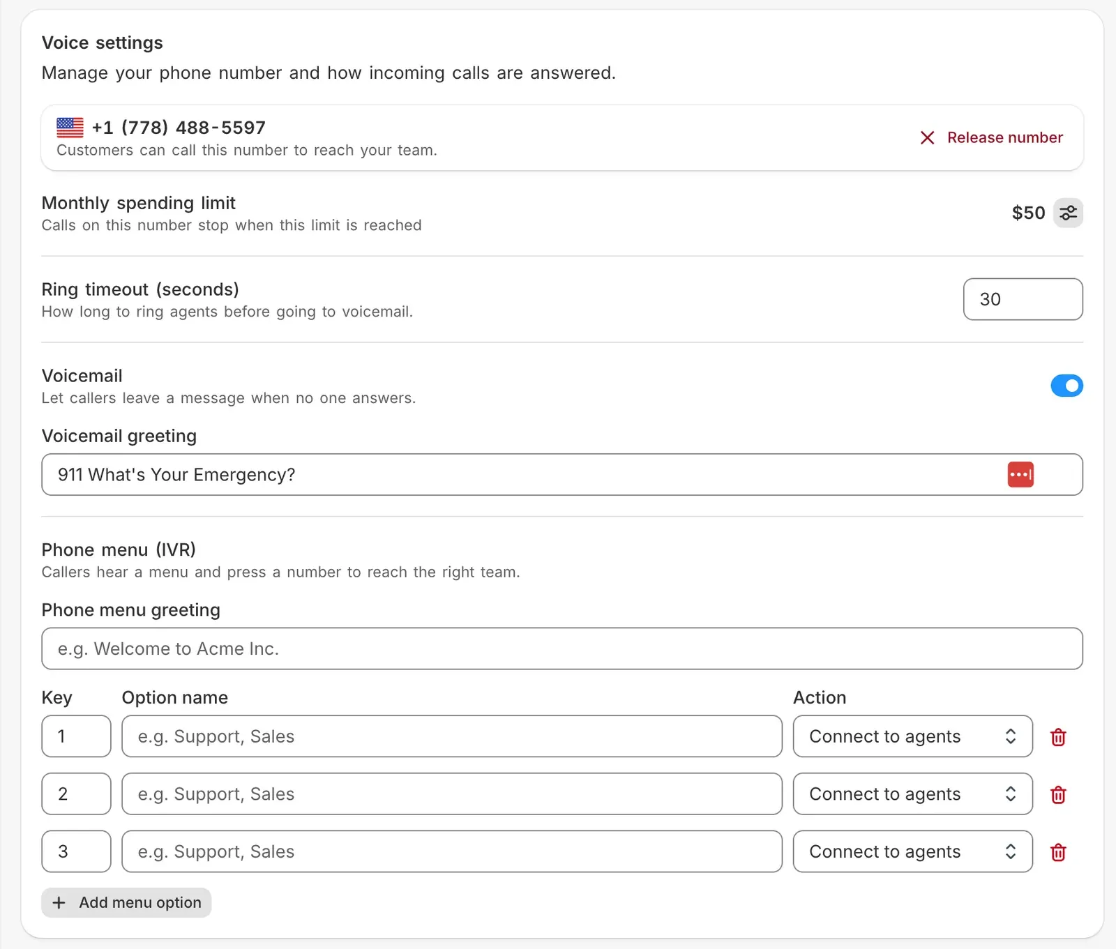 Commslayer Voice settings with a claimed phone number, a $50 monthly spending limit, a 30-second ring timeout, voicemail switched on with a greeting, and a Phone menu section with keys 1 to 3 each set to Connect to agents