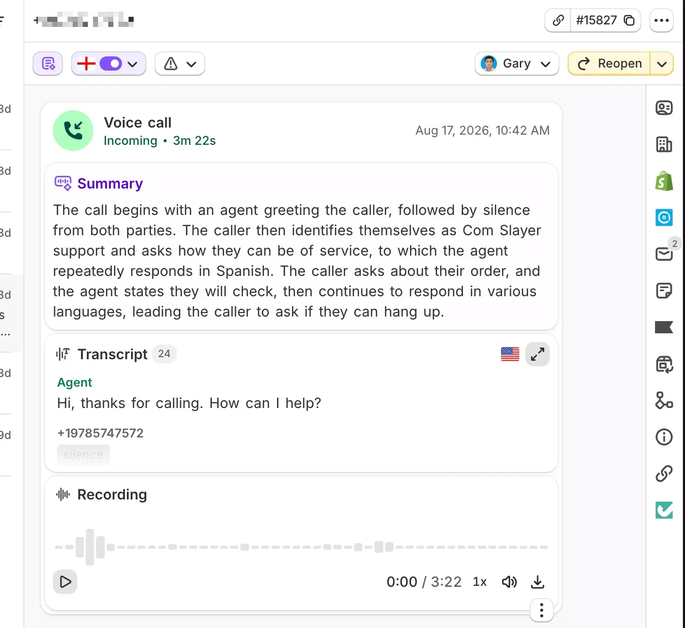 A Commslayer conversation for a 3 minute 22 second incoming voice call, showing an AI summary of what the caller and the agent said, the opening lines of the 24-turn transcript, and a recording player