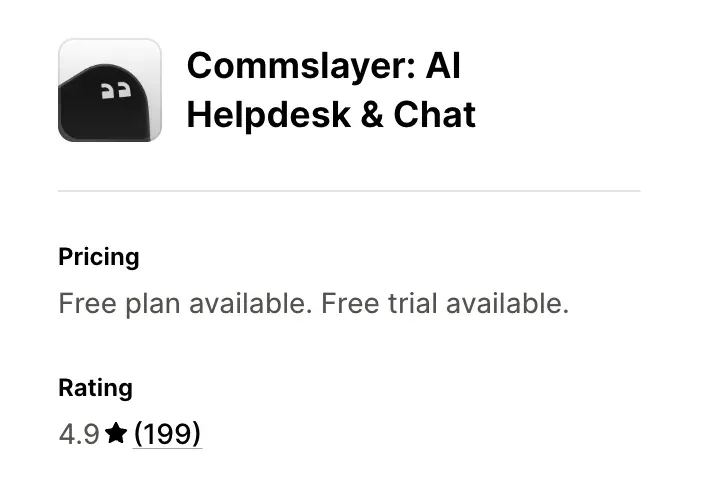 The Commslayer listing card on the Shopify App Store