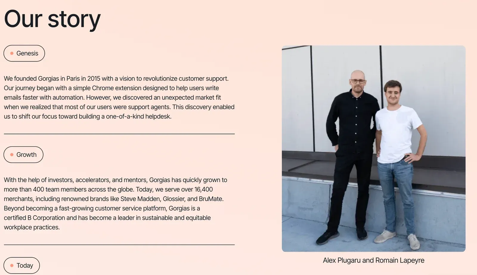 Gorgias Our story page with founders Alex Plugaru and Romain Lapeyre