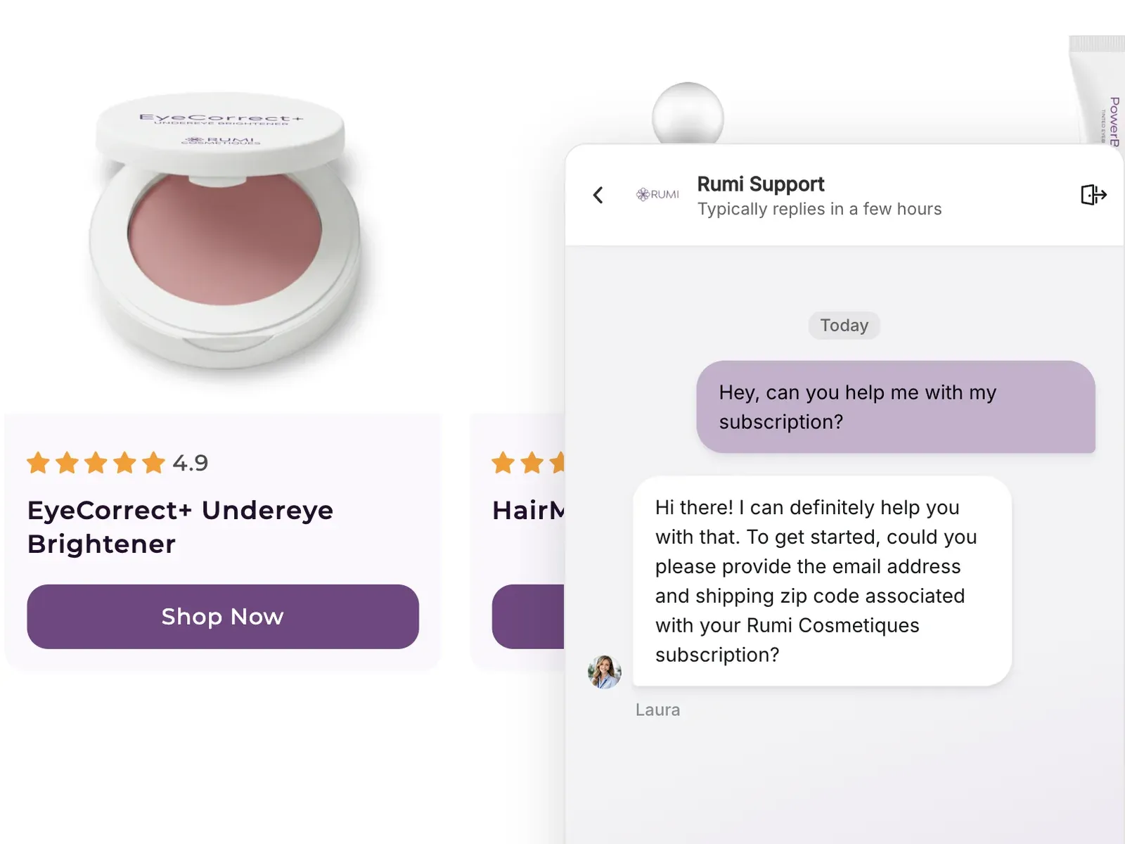 Rumi Cosmetiques store chat where Laura, the AI support agent, answers a customer asking for help with a subscription
