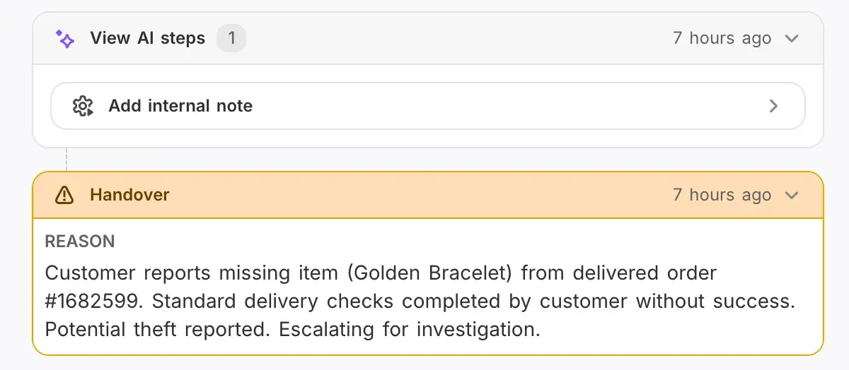 Commslayer conversation timeline with a View AI steps entry and an internal-note control above an amber Handover card whose Reason field explains that the customer reported a missing item from a delivered order and the AI escalated for investigation
