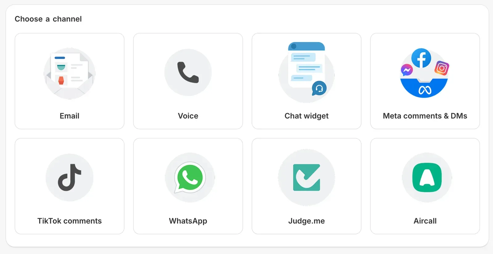 Commslayer Choose a channel grid with eight tiles: Email, Voice, Chat widget, Meta comments and DMs, TikTok comments, WhatsApp, Judge.me, and Aircall